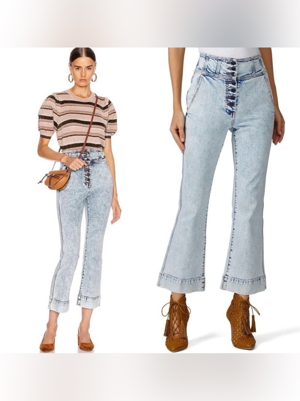 Ulla‎ Johnson Ellis Acid Wash Finish High-Rise Button-Fly Flare Jeans Size:10